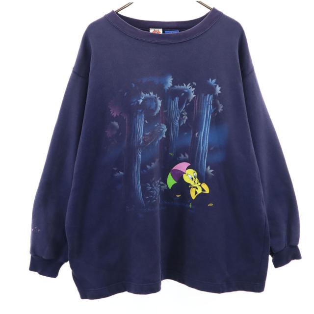 ルーニーテューンズ 90s オールド 長袖 スウェット トレーナー 22W/24W ネイビー LOONEY TUNES トゥイーティー 裏起毛 メンズ