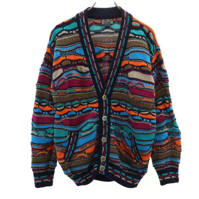 クージー 90s オールド オーストラリア製 総柄 長袖 Vネック 3D ニットカーディガン SS ブルー COOGI メンズ