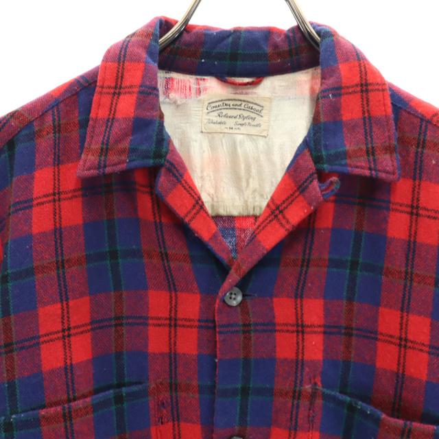 Country and Casual 60s ヴィンテージ ウールブレンド チェック柄 長袖 開襟 ウールシャツ 15M151/2 レッド×ブルー メンズ_8