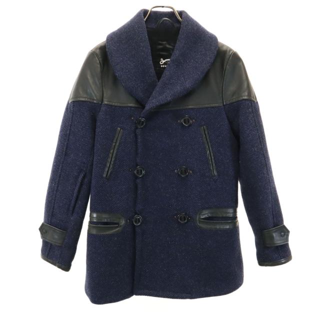 デンハム CAGNEY FBH ウールレザー切替 ピーコート ネイビー×ブラック DENHAM メンズ