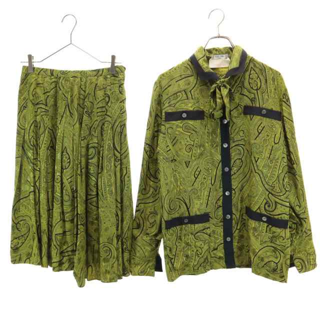 セリーヌ 90s フランス製 シルク オールド ジェーシーシ— 総柄 長袖 シャツ 上下セットアップ 38 カーキ CELINE レディース