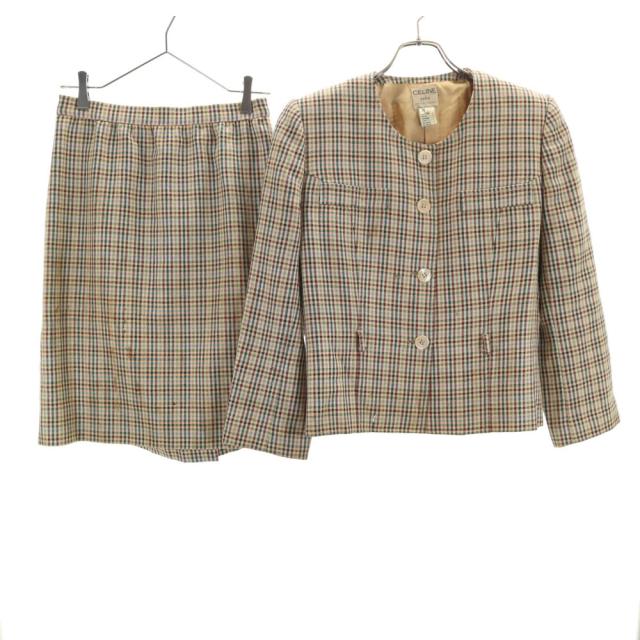 CELINE セリーヌ 80s 90s フランス製 オールド チェック柄 カジュアル スカートスーツ 上下セットアップ 42 ベージュ レディース