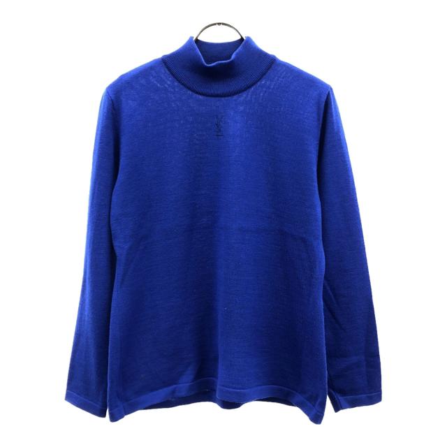 YVES SAINT LAURENT イヴサンローラン 90s ウール100% オールド ロゴ刺繍 長袖 モックネック ニット M ブルー セーター レディース