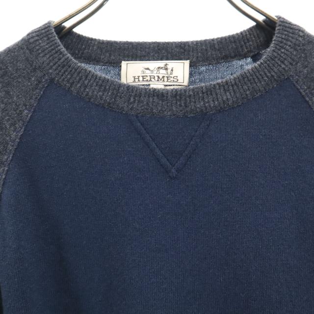 HERMES エルメス イタリア製 ウールブレンド 長袖 ツートンカラー セーター L ブルー メンズ