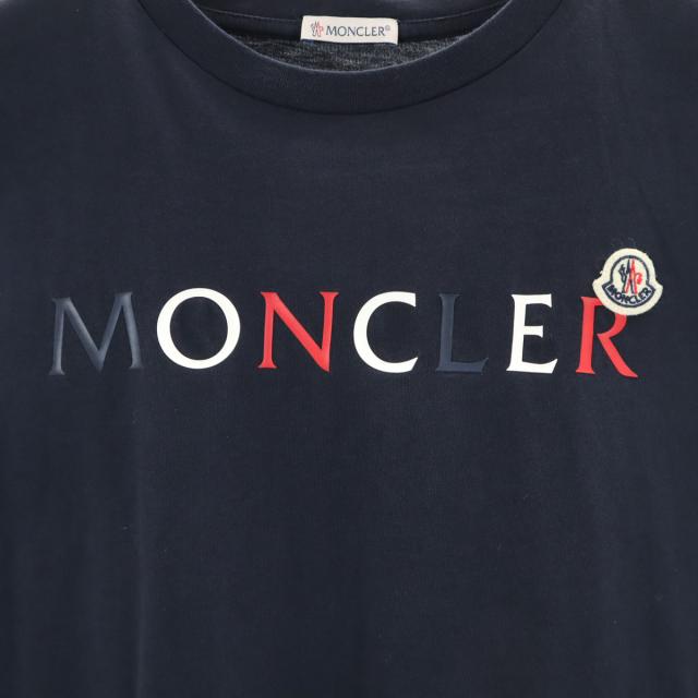 モンクレール　ネイビー Tシャツ 14A レタリングロゴ刺繍 Tシャツ クルーネック コットン ネイビー