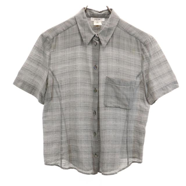 CELINE セリーヌ フランス製 シルクブレンド チェック柄 半袖 シャツ 42 グレー レディース