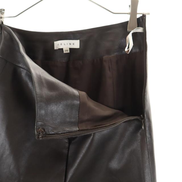 CELINE セリーヌ フランス製 ラムレザー ミディスカート 36 ダークブラウン系 レディース_4