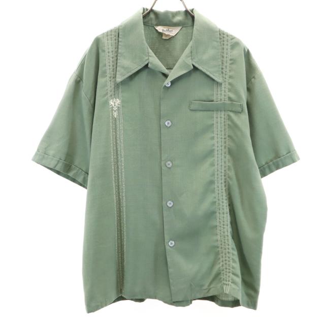Davinci ダヴィンチ 60s USA製 ヴィンテージ 半袖 オープンカラーシャツ L モスグリーン系 レーヨン混 メンズ