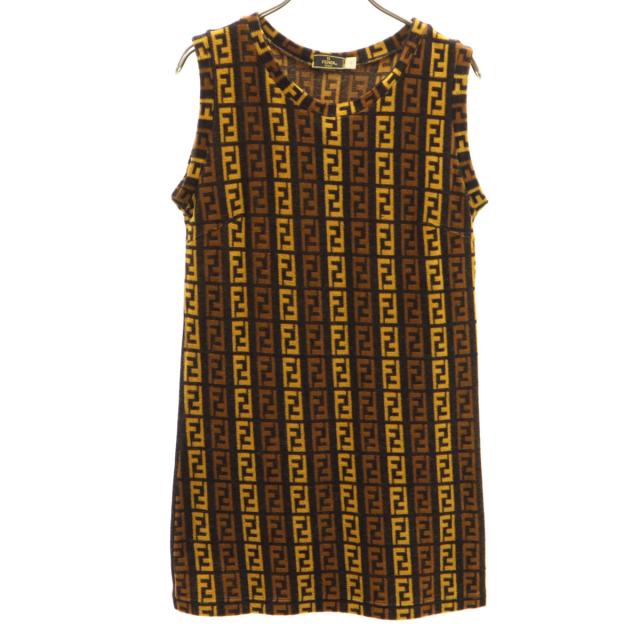 FENDI フェンディ イタリア製 ズッカ柄 ノースリーブ パイル地 カットソー 42 ブラウン系 レディース