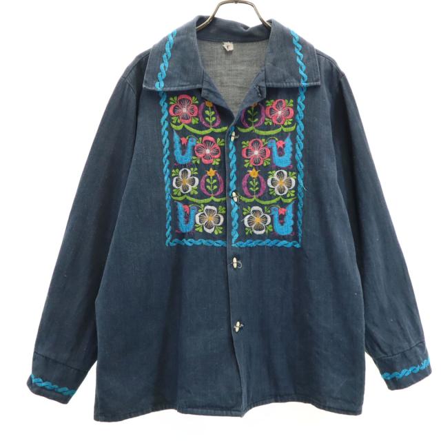 80s 90s オールド 花刺繍 シャツジャケット 40 ネイビー メンズ