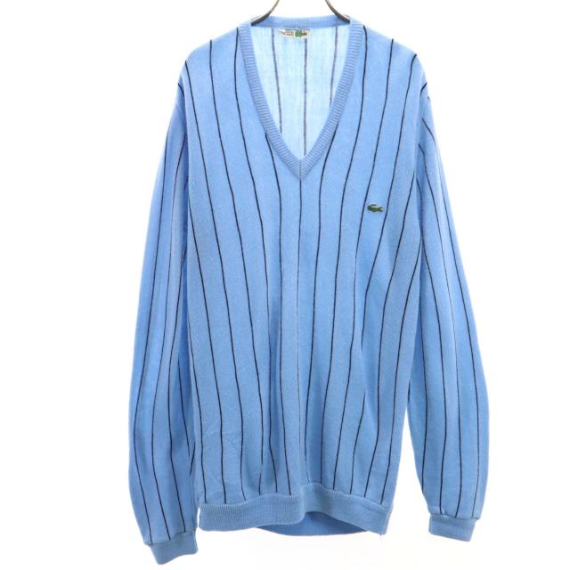 CHEMISE LACOSTE シュミーズラコステ 70s ヴィンテージ フランス製 ストライプ 長袖 Vネック セーター L ブルー系 ニット メンズ