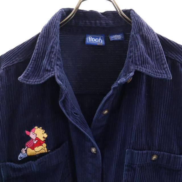 Pooh プー くまのプーさん刺繍 長袖 コーデュロイシャツ XL ネイビー