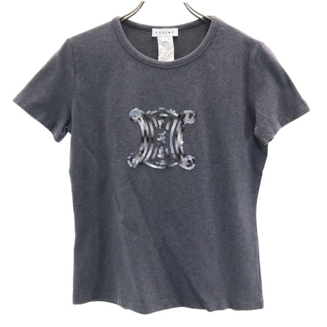 CELINE セリーヌ ポルトガル製 スパンコールロゴ 半袖 Tシャツ L チャコールグレー レディース