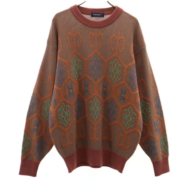 YVES SAINT LAURENT イヴサンローラン 90s オールド 総柄 長袖 セーター L ブラウン ニット メンズ
