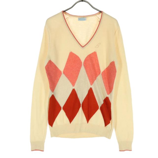 BALLANTYNE バランタイン イギリス製 ダイヤ柄 長袖 Vネック カシミヤ セーター 40 ベージュ系 レディース