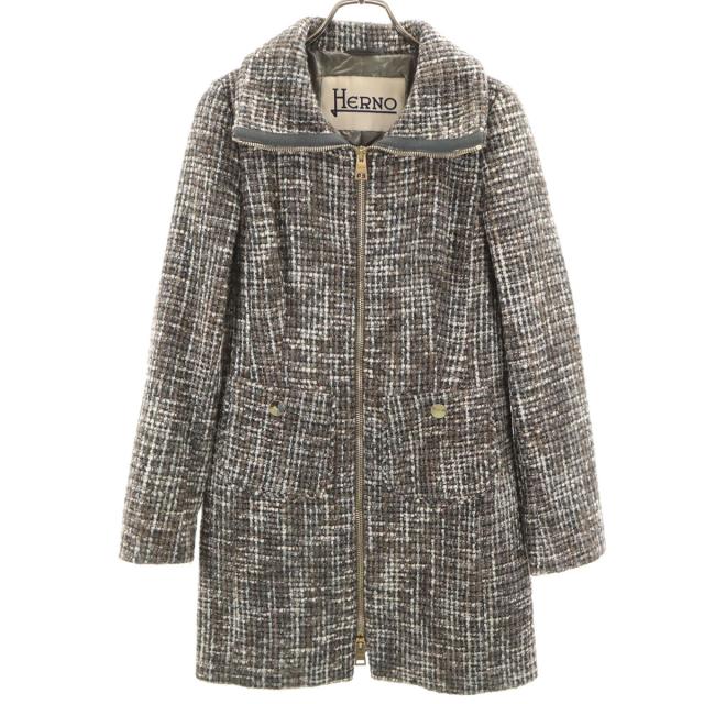 Herno ヘルノ イタリア製 ツイード コート 40 グレー系 薄中綿入り レディース