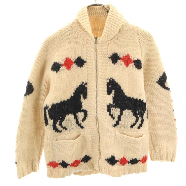 60s 70s ヴィンテージ ホース柄 カウチンジャケット ベージュ ニット レディース
