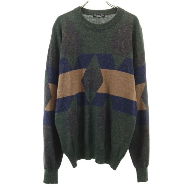 美品 Christian Dior MONSIEUR クリスチャンディオール ムッシュ 90s オールド アーガイル柄 長袖 ニット L 深緑 セーター メンズ 11,550円