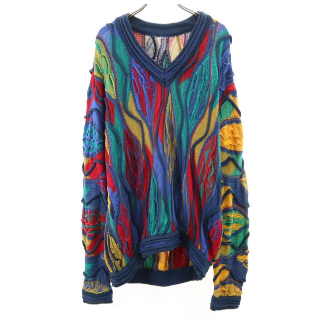 90s オールド 3D 長袖 Vネック 3D ニット マルチ メンズ