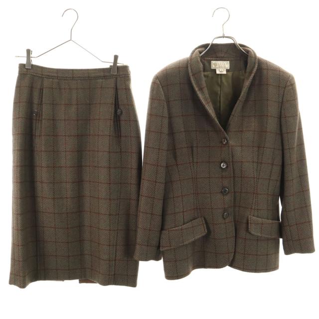 GUCCI グッチ 80s イタリア製 ウール ヴィンテージ オールド チェック柄 スカートスーツ 上下セットアップ 46 グリーン系 レディース