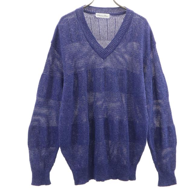 Christian Dior クリスチャンディオール 90s 日本製 リネンブレンド オールド 長袖 Vネック ニット M 青紫 メンズ