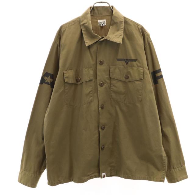 A BATHING APE アベイシングエイプ バックプリント 長袖 ミリタリーシャツ L オリーブ系 メンズ