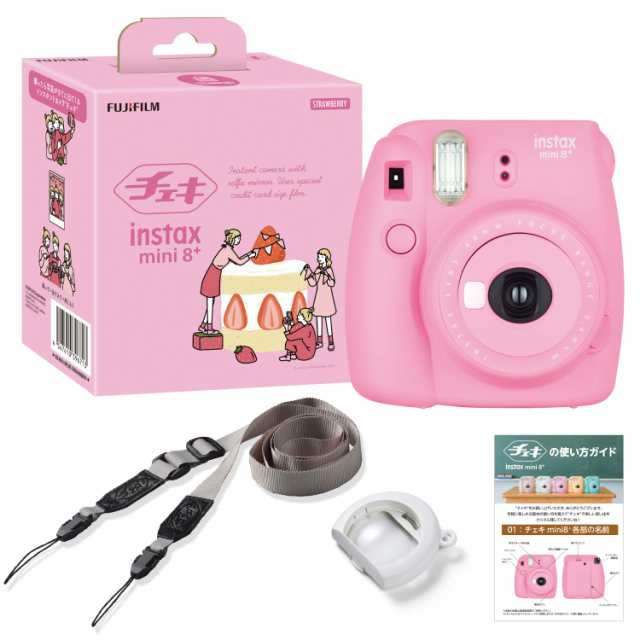 【中古】 ストロベリー_現行品 本体 富士フイルム(FUJIFILM) インスタントカメラ チェキ instax mini8プラス 接写レンズ・純正ショルダー