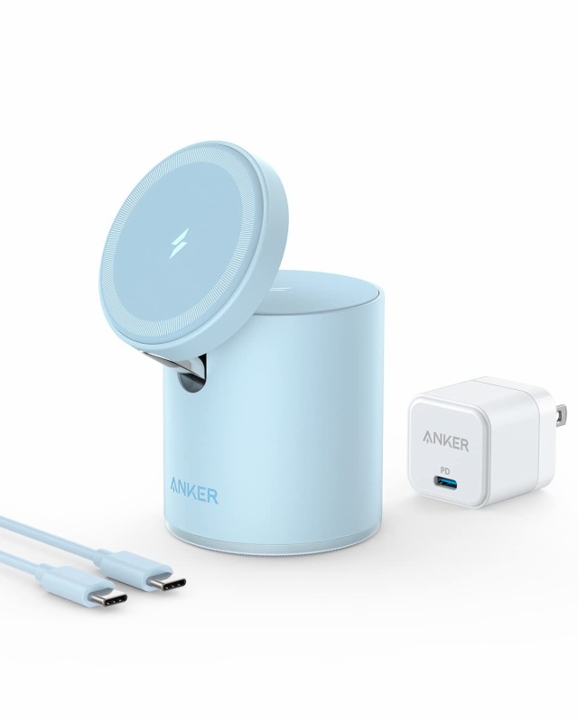 【中古】 ブルー Anker 623 Magnetic Wireless Charger (MagGo)(マグネット式 2-in-1 ワイヤレス充電ステーション)【USB急速充電器付属/