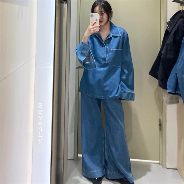 いい印象を与える シャツ ブラウス スラックス ロングパンツ 2024春 デニムパンツ 欧米風 ジーンズ スリム ファッション セットアップ デニムコートの通販は