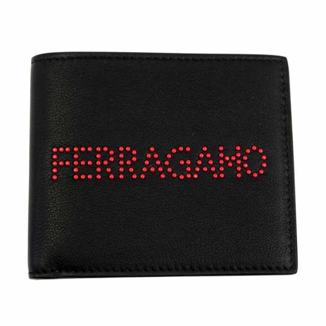 フェラガモ 財布 レザー ブラック 66A376 FERRAGAMO 二つ折り札入れ メンズ マイクロスタッズ ロゴ 66A376 0704567