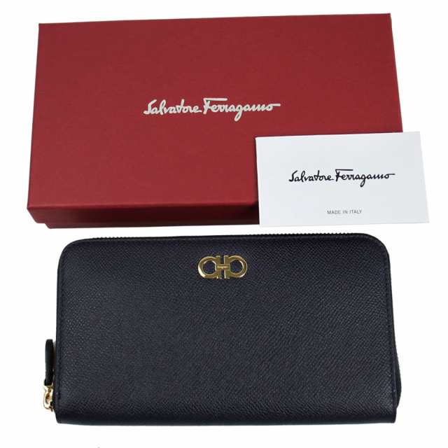 フェラガモ 財布 レディース FERRAGAMO ラウンドファスナー長財布 ダブルガンチーニ レザー ネイビー 22 O009 0722542