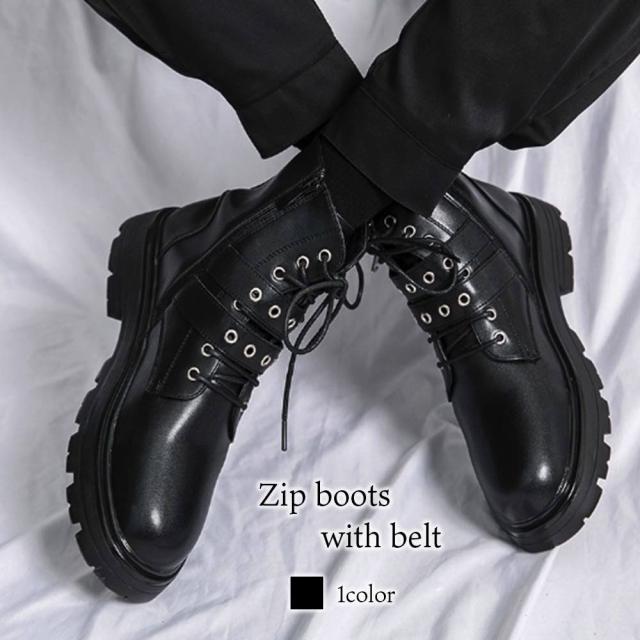 ブーツ メンズ ベルト付きジップブーツ 防水 軽い 洗える ジッパー ブーツサイドジップ 革 靴 黒 冬 シューズ ファスナー 暖かい ブランド レザー スエード 秋 夏 セット モード 防寒 ハイカット ワーク 滑らない 幅広 完全 フロント あったか ルーム 春 ロングの通販は 8,180円