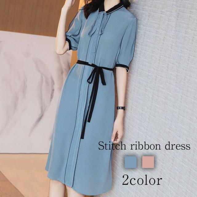 ワンピース レディース ステッチリボンワンピース 40代 薄手 半袖 ルームウェア おしゃれ 春 人気 アウトドア 大きいサイズ 夏 ニット きれいめ スカート 安い 50代 20代 しっかり トップス 大人 カジュアル 韓国 Aライン パジャマ かわいい ブランド ロング 前開きの通販は