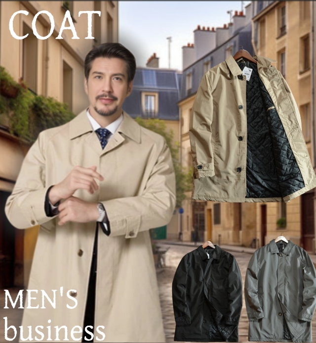 コート メンズ ビジネス 秋冬春 着脱式ライナー付き コットン ステンカラーコート ロングコート スリーシーズン ビジネスコート ハーフコート【秋冬】