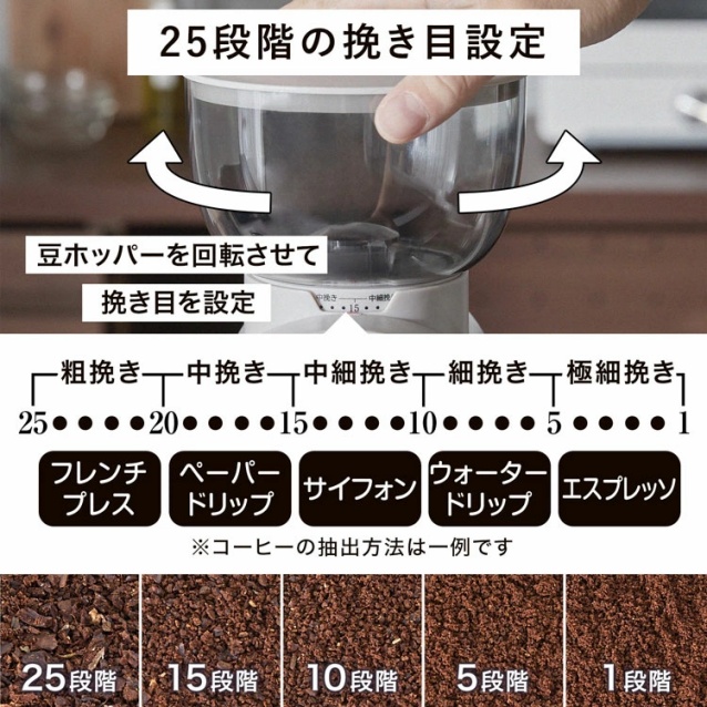 コーヒーミル 電動 電動コーヒーミル コニカル式 コニカル おしゃれ コンパクト 手入れ 簡単 ステンレス 電動ミル コーヒー 珈琲 簡単操作 オシャレ 自家挽きコーヒー 直前挽き 25段階挽き目 フレンチプレス コーヒー豆