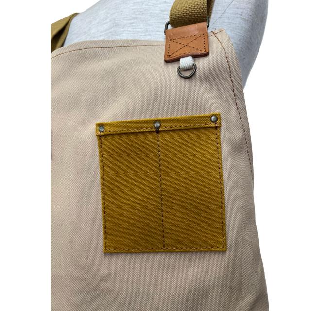 DIY ワーク エプロン ショート ベージュ×イエロー マルチポケット 倉敷帆布 栃木レザー キャンバス 本革 かっこいい ポケット ユニセックス 綿100％ 倉敷6号帆布 黄 白 前掛け 作業用 ガーデニング カフェ_2