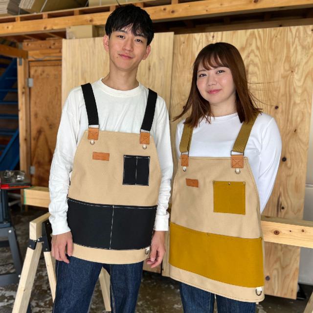DIY ワーク エプロン ショート ベージュ×イエロー マルチポケット 倉敷帆布 栃木レザー キャンバス 本革 かっこいい ポケット ユニセックス 綿100％ 倉敷6号帆布 黄 白 前掛け 作業用 ガーデニング カフェ_4