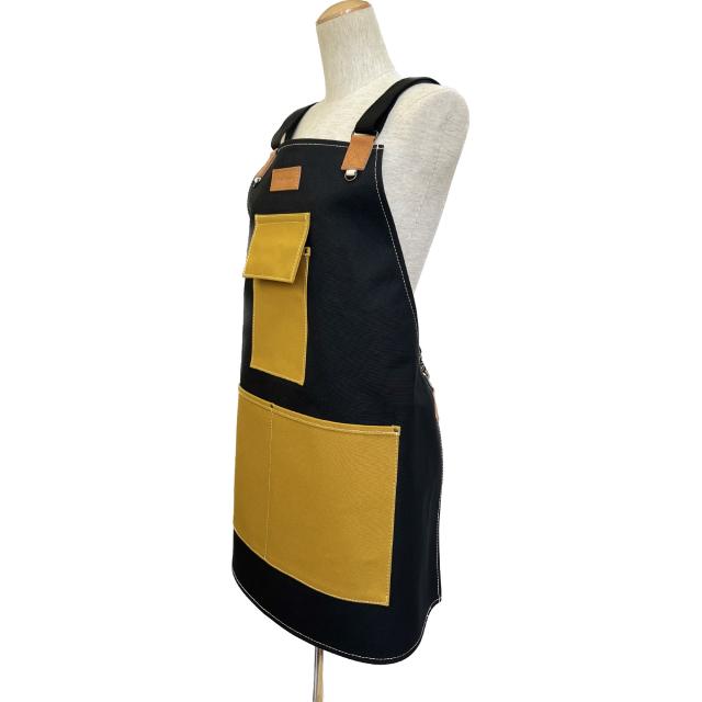 DIY ワーク エプロン ロング ブラック×イエローマルチポケット 倉敷帆布 栃木レザー キャンバス 本革 かっこいい ポケット ユニセックス 綿100％ 倉敷6号帆布 黄 緑 前掛け 作業用 ガーデニング カフェ_2