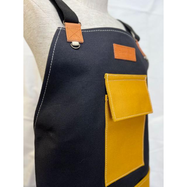 DIY ワーク エプロン ロング ブラック×イエローマルチポケット 倉敷帆布 栃木レザー キャンバス 本革 かっこいい ポケット ユニセックス 綿100％ 倉敷6号帆布 黄 緑 前掛け 作業用 ガーデニング カフェ_4