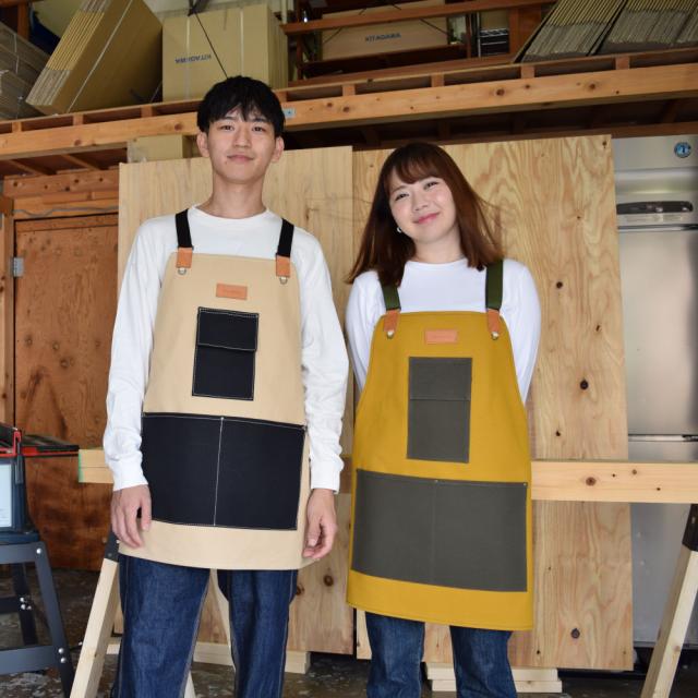 DIY ワーク エプロン ロング イエロー×モスグリーン マルチポケット 倉敷帆布 栃木レザー キャンバス 本革 かっこいい ポケット ユニセックス 綿100％ 倉敷6号帆布 黄 緑 前掛け 作業用 ガーデニング カフェ_5