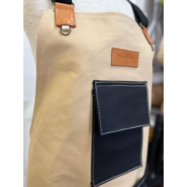 DIY ワーク エプロン ロング ベージュ×ブラック マルチポケット 倉敷帆布 栃木レザー キャンバス 本革 かっこいい ポケット ユニセックス 綿100％ 倉敷6号帆布 黄 緑 前掛け 作業用 ガーデニング カフェ_3