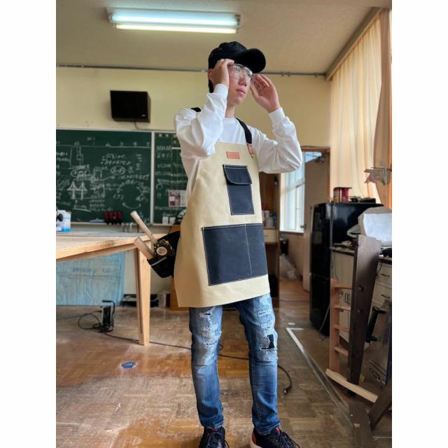 DIY ワーク エプロン ロング ベージュ×ブラック マルチポケット 倉敷帆布 栃木レザー キャンバス 本革 かっこいい ポケット ユニセックス 綿100％ 倉敷6号帆布 黄 緑 前掛け 作業用 ガーデニング カフェ_6