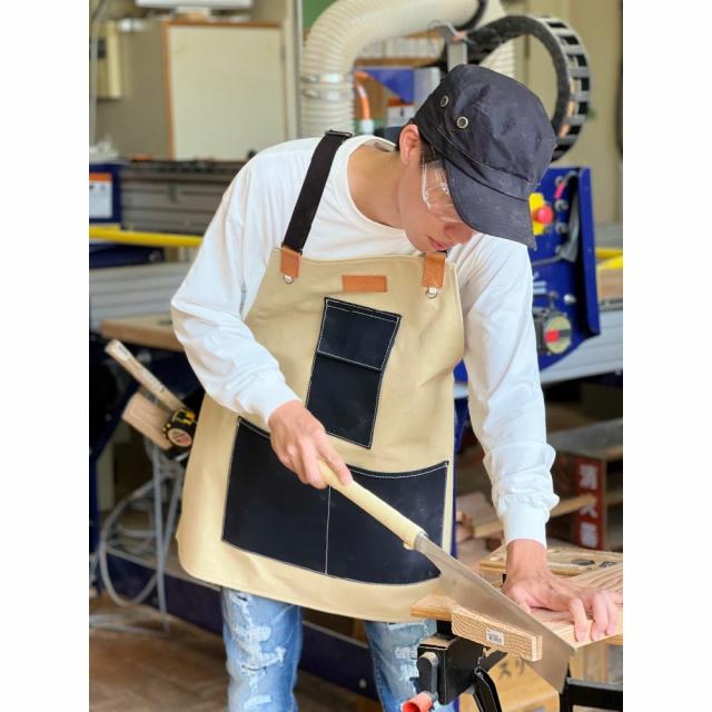 DIY ワーク エプロン ロング ベージュ×ブラック マルチポケット 倉敷帆布 栃木レザー キャンバス 本革 かっこいい ポケット ユニセックス 綿100％ 倉敷6号帆布 黄 緑 前掛け 作業用 ガーデニング カフェ_5