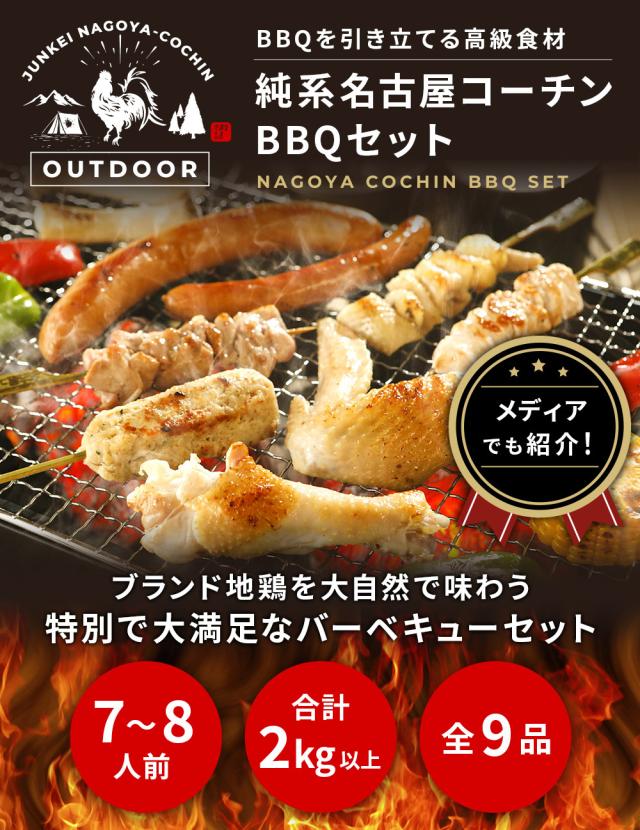 【7-8人前】純系 名古屋コーチン BBQセット 冷凍 国産 高級 地鶏 計20本 焼き鳥セット バーベキュー キャンプ アウトドア もも むね つくね 鶏皮 鶏肉 お肉 やきとり たれ しお 業務用 大容量 送料無料 お取り寄せ ギフト_1