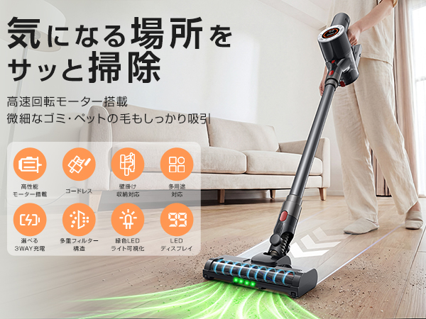 掃除機 コードレス ハンディ 2WAY サイクロン式 強力吸引 22000Pa LED 
