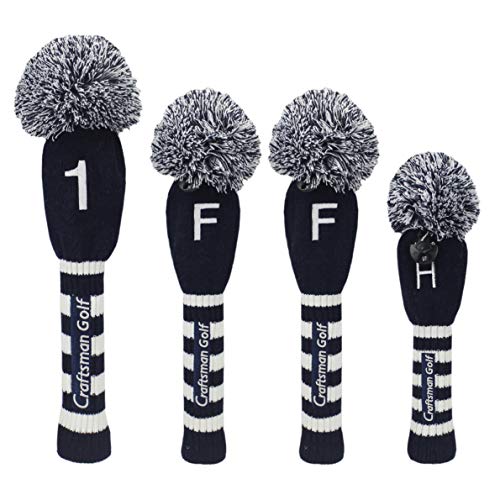 ブルー ホワイト Craftsman(クラフトマン) ゴルフヘッドカバー 4点セット 番号刺繍(1FFH) クラブカバー ドライバー用・フェアウェイウッド用・ハイブリッド用 ニット ナンバータグ付け ブルー ホワイトの通販は 6,599円