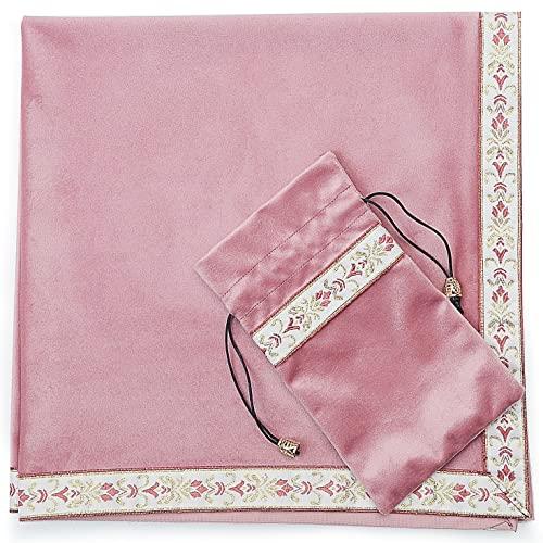 ローズピンク+ピンクリボン_2点セット ポーチ小付 Kuai タロットクロス パステルカラー 68×68cm 2点セット ベルベット ポーチ付 タロット カード 占い 鑑定 厚手 (ローズピンク+ピンクリボン， 2点セット ポーチ小付) 5,027円