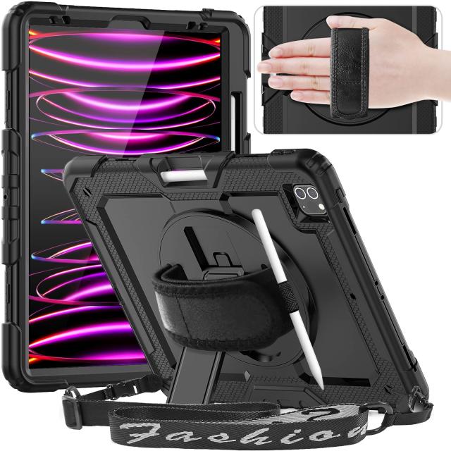 ブラック + ブラック Timecity iPad Pro 12.9 ケース 第6/5/4/3世代 耐衝撃 落下防止 360°回転スタンド 保護フィルム ペン収納 ハンド＆ショルダーストラップ付き ワイャレス充電対応 肩掛け キズ防止 頑丈 子供 工事現場 防塵 iPad Pro 12.9インチ 第6世代 保護カバー (プラ 5,770円