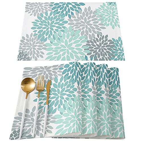 33x48cm x 4 枚_Autumn ThanksgivingVJP1165 ダリア ランチョンマット コットンリネン 4枚セット おしゃれ 北欧 テーブルマット 綿 麻 プレースマット 撥水 防汚 丸洗い お手入れ 簡単 滑り止め 摩擦 耐える 断熱 食卓飾り 給食ナフキン 布製 キッチンマット 水緑灰色の花の通販は