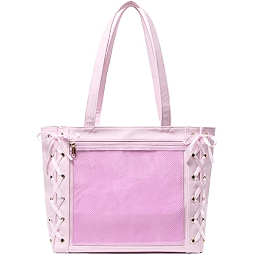 ピンク [YUYAKESHI] 痛バッグ 透明窓 PU リボン飾り 大容量 ハンドバッグ 見せバッグ 鞄 トートバッグ 痛マット付 缶バッジ用 防水 痛バ 2way（ピンク）の通販は 6,040円